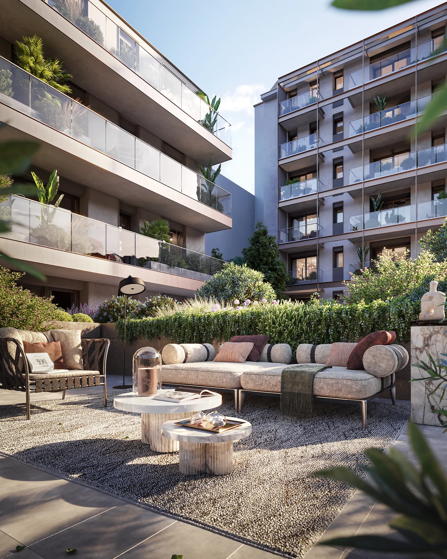 Silea: Porta Venezia Living – spazi comuni per residenti di monolocali, bilocali, trilocali e quadrilocali con area lounge e giardini curati.